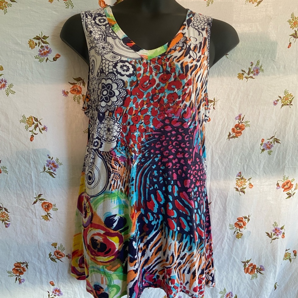 Avant Garde Artsy Geometric Parsley & Sage Multicolored Graphic Tunic Dress Sz L